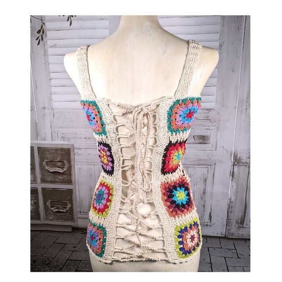 Jaxli Granny Square Crochet Multi Color Tank Top Lace Up Back, Lined Size Small - Picture 2 of 7